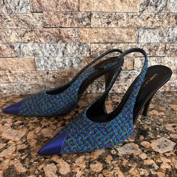 Saint Laurent Arian Vert Blue Violet Tweed Slingback - Picture 3 of 13